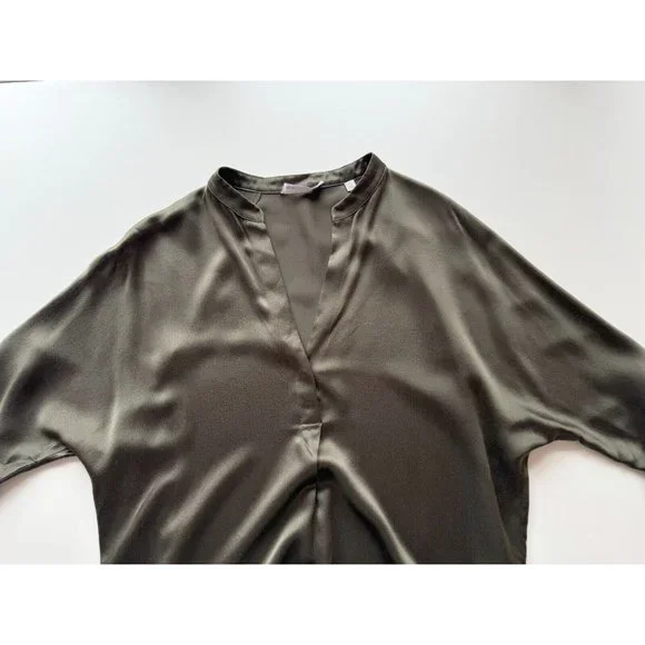 VINCE Olive Green Silk Charmeuse Split Neck Relaxed Tunic Blouse, Size S - Picture 9 of 15